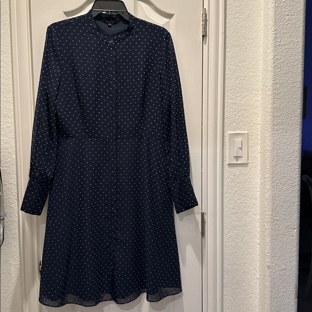 MASSIMO DUTTI Navy Blue Flocked Polka Dot Long Sleeve Fit & Flare Dress Women 10 - Picture 5 of 16